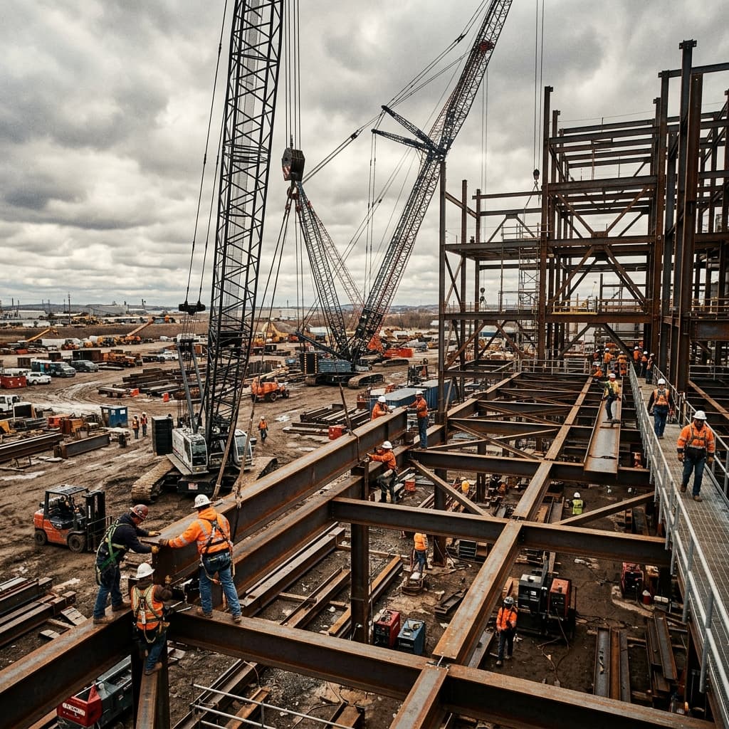Steel structure erection at industrial site